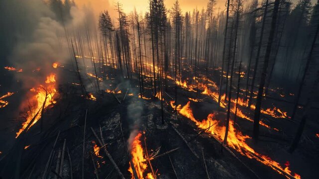 Aerial perspective of post wildfire forest  impact of deforestation and environmental consequences