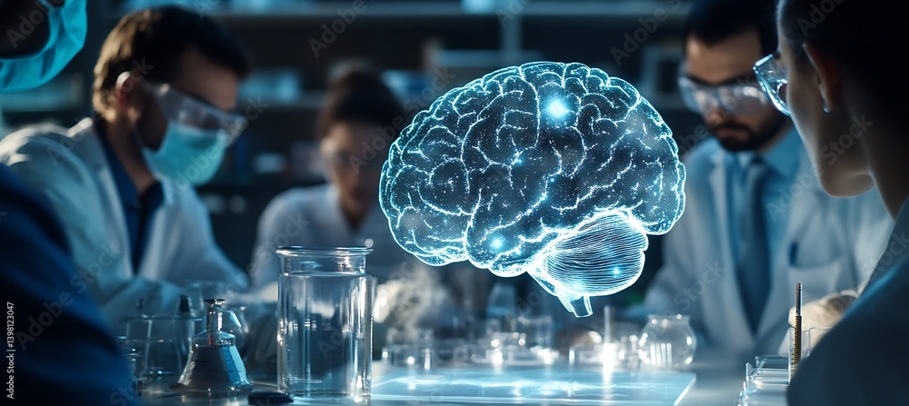 Poster team of researchers in a smart laboratory exploring a human brain model using touchscreens, charts, 