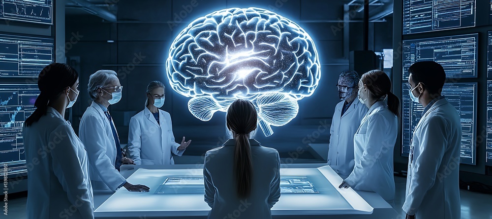 Poster team of researchers in a smart laboratory exploring a human brain model using touchscreens, charts, 
