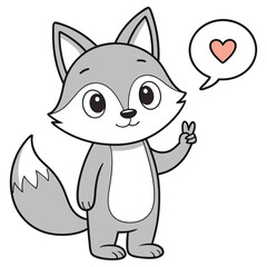 Cute Gray Wolf Cartoon with Love Heart Speech Bubble on Transparent Background