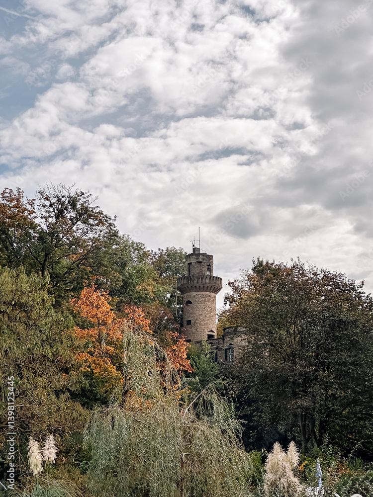 Poster castle is in the background of a forest with trees in the foreground