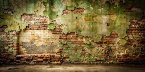 A weathered brick wall with crumbling plaster reveals layers of aged brickwork, showcasing textures and colors of time and decay, creating a dramatic backdrop.