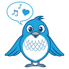 Cartoon Blue Bird with Music Notes and Heart Shape Icon on a Transparent BG