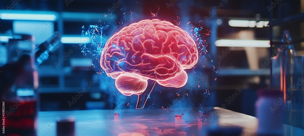 Poster a group of skilled scientists in a well-equipped laboratory examining a brain model with the help of