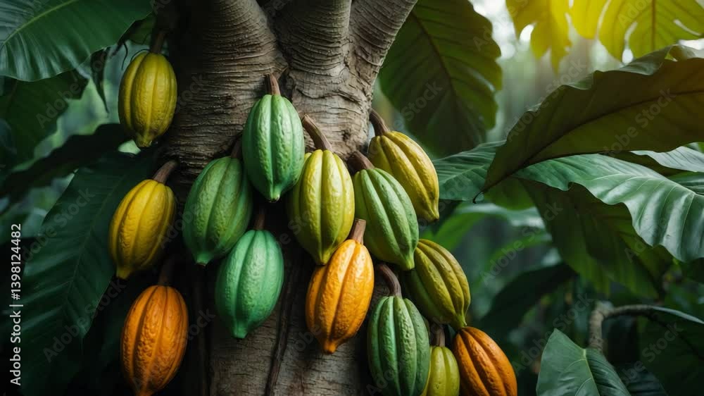 Poster yellow and green cocoa pods grow on the tree. the tree producing cocoa fruits.