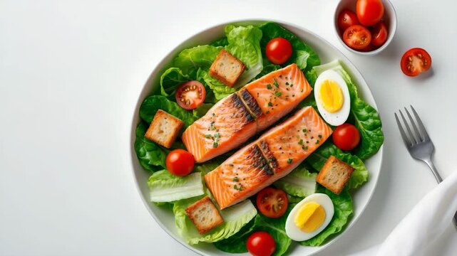 Mouthwatering Caesar salad topped with salmon seen from above. Savory seafood dish, fish starter.