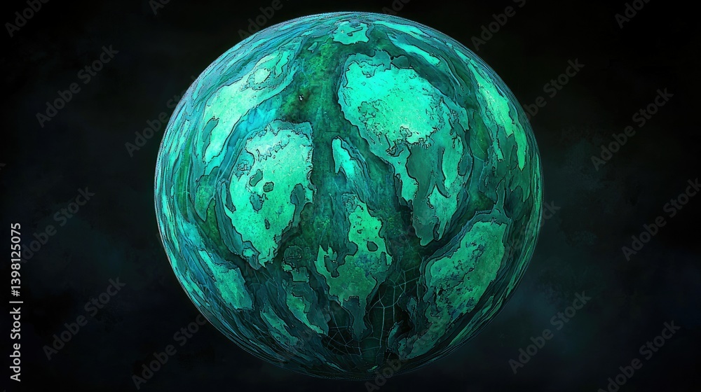 Poster a glowing tech-inspired planet with interactive global network effects
