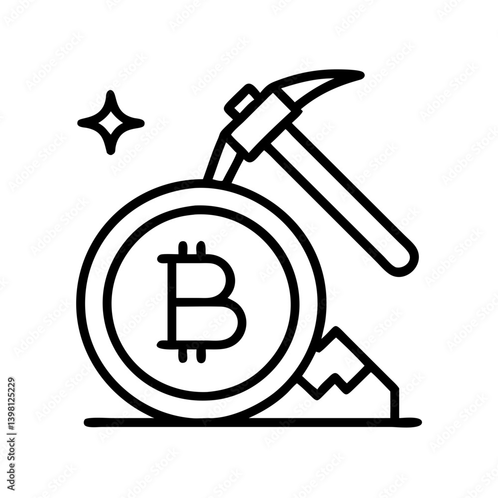 Poster bitcoin mining concept illustration with pickaxe and bitcoin symbol vector art