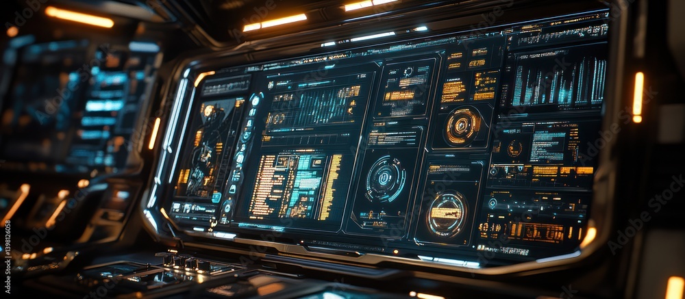 Aufkleber futuristic spaceship control panel displays data; background shows more consoles