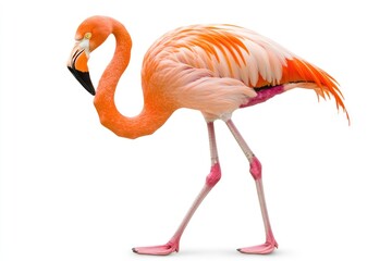 Obraz premium Pink flamingo walking, profile view, isolated, white background, zoo