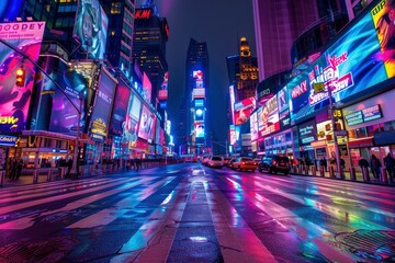 Vibrant Night Scene of Times Square with Colorful Billboards and Reflections on Wet Streets