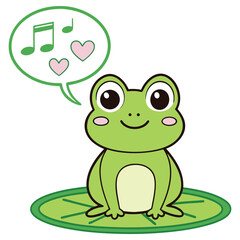 Smiling Cartoon Green Frog on Lily Pad with Music Notes Bubble on White Background