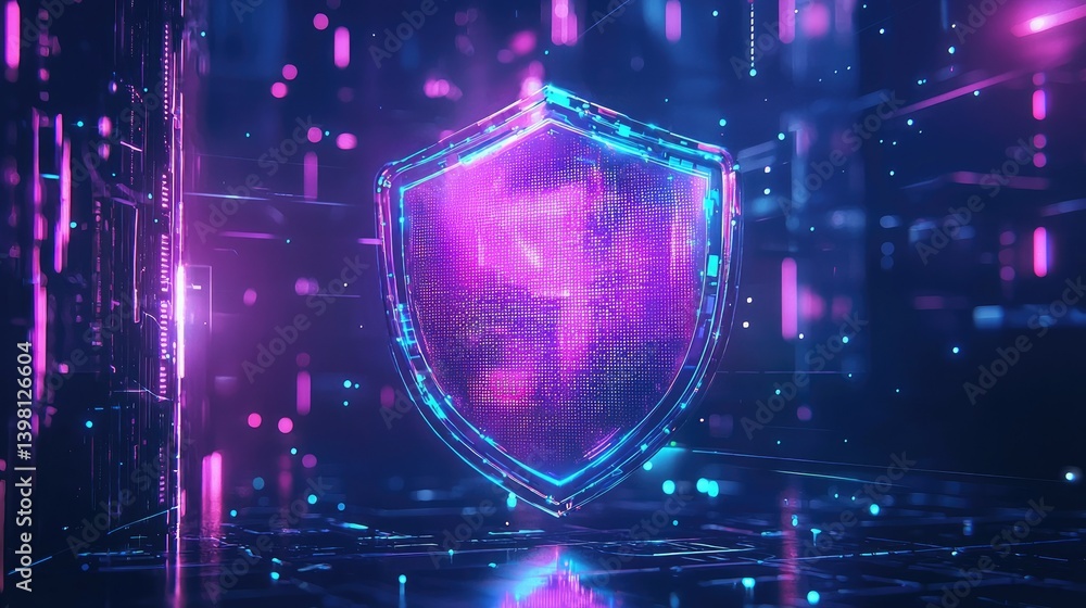 Aufkleber a holographic security shield floating in a high-tech, digital security environment