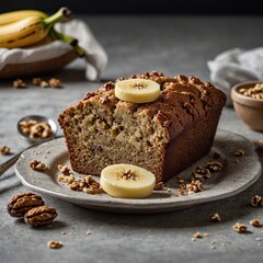 A piece of banana bread with a crispy crust and soft center, dotted with walnuts and served with a pat of melting butter