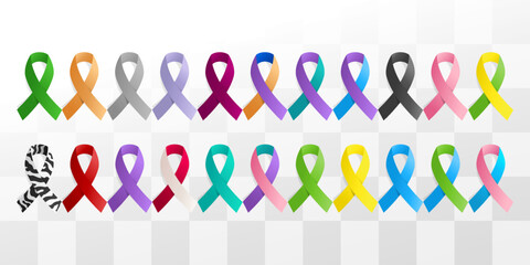 Vector illustration of cancer ribbon set for awareness and health campaigns