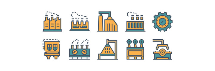Colorful factory and manufacturing icon set – Great for industrial brochures, workplace training, or flat design UI assets