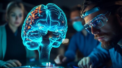 Scientists in a Futuristic Research Lab Carefully Observing a Human Brain Model Using High-Tech Tools and Interactive Display Panels for Data Analysis