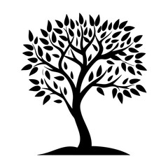 Obraz premium Black Silhouette of a Lush Tree with Abundant Leaves and a Gently Curved Trunk