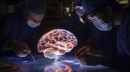 Scientists in a Futuristic Research Lab Carefully Observing a 3D Human Brain Model Using High-Tech Tools and Interactive Display Panels for Data Analysis