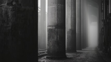A long, dark hallway with pillars