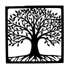 Obraz premium A Black and White Illustration of a Tree of Life within a Square Frame