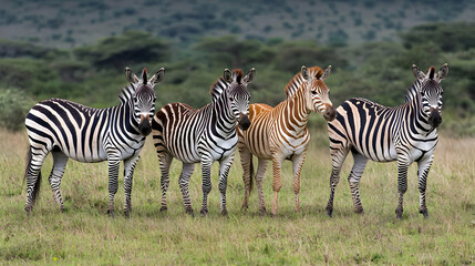 Four Zebras With Varying Stripes In Savanna