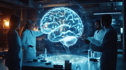 Team of Scientists Working Together in a Modern Laboratory While Studying a Detailed Human Brain Model with Advanced Equipment and Digital Screens Around