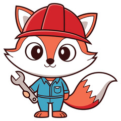 Cartoon Fox Character with Hard Hat and Wrench on Isolated Transparent Background