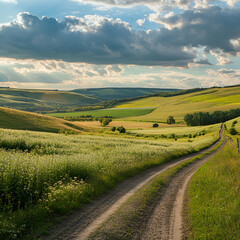 A peaceful rural landscape On white background