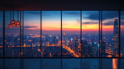 City view through large windows with beautiful sunset colors