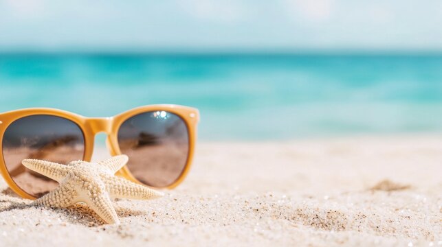 a starfish and sunglasses on a sandy beach