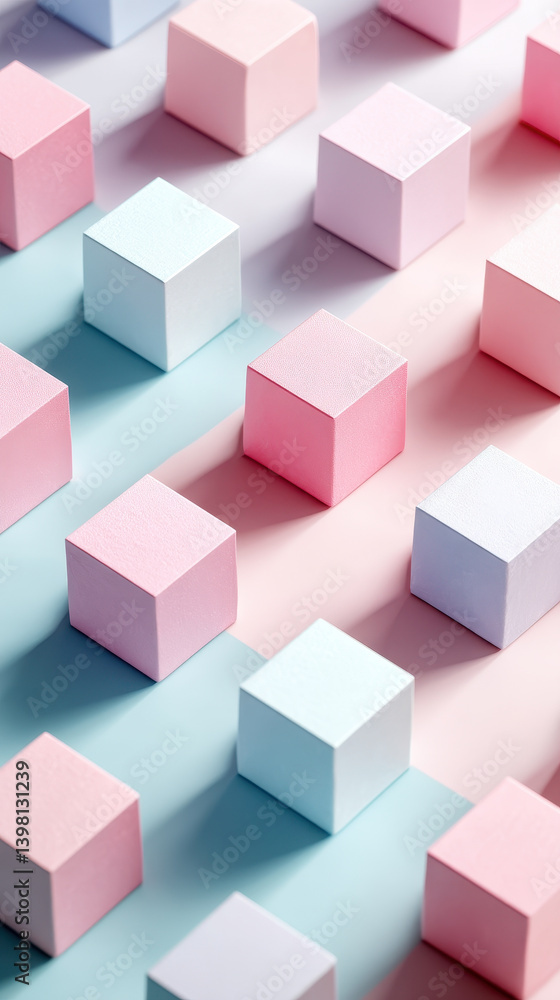 Poster colorful cubes arranged in pattern, casting soft shadows on pastel background, creating playful and 