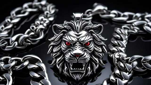 An elaborately designed, substantial chain featuring a fierce head pendant at its center. The overall aesthetic radiates opulence and audacity, establishing it as a standout fashion accessory.