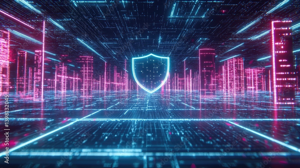 Poster a neon digital shield with a glowing outline, protecting a matrix of data and network connections