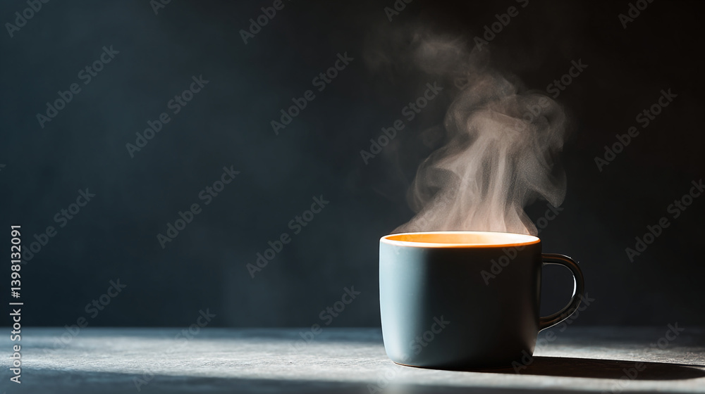 Poster a steaming mug sits on a surface against a dark background creating a warm and inviting atmosphere