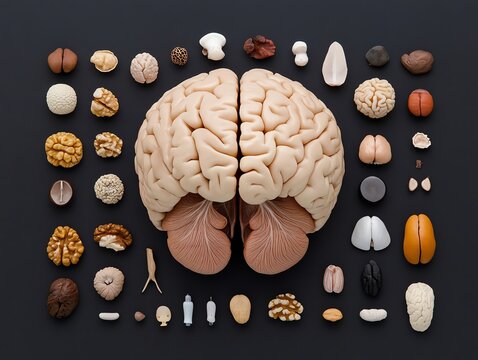 Human brain in exploded view with each part separated, anatomical breakdown