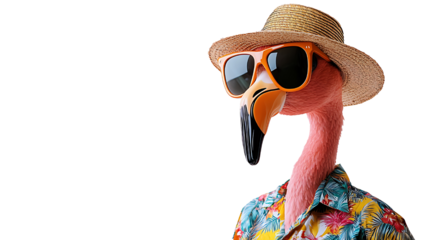 Flamingo wearing sunglasses, a hat, and floral shirt on transparent background
