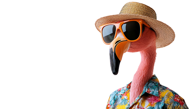 Flamingo wearing sunglasses, a hat, and floral shirt on transparent background