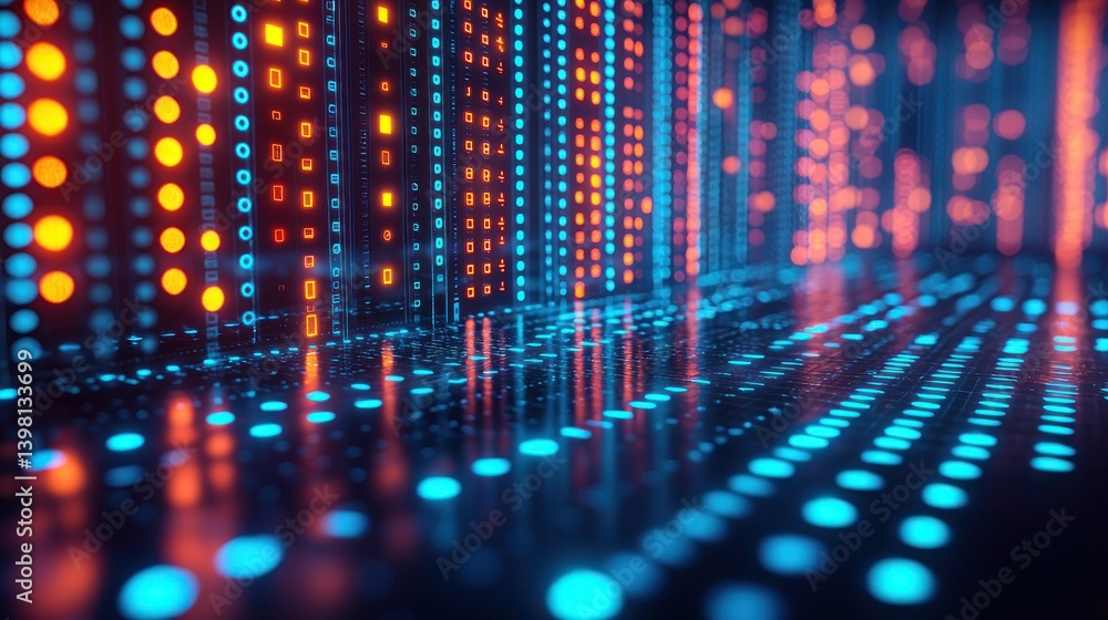 Poster abstract digital landscape: binary code and neon lights
