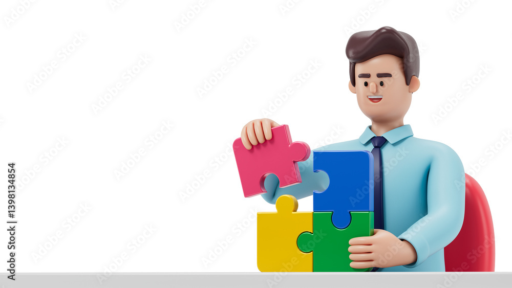 Poster man connecting puzzle pieces, symbolizing problem-solving or teamwork. 3d rendering, conceptual imag