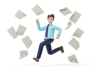 Man running amidst flying papers, symbolizing busy work or information overload. 3D rendering, conceptual image. Isolated on white background.