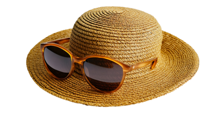 straw hat and sunglasses on transparent background