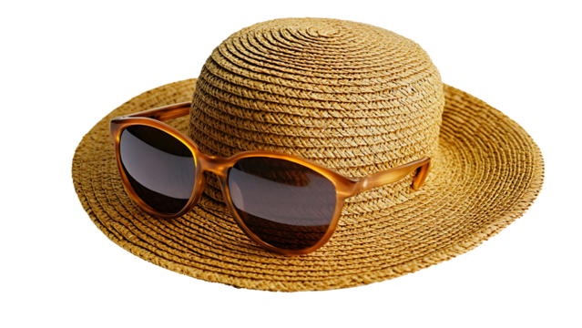 straw hat and sunglasses on transparent background