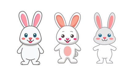 Fototapeta premium A cute digital illustration of a white bunny standing on its hind legs with an adorable expression. The rabbit has soft pastel shading, large black eyes, pink ears, and a tiny fluffy tail