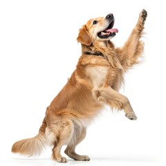 A playful golden retriever jumping energetically against a white background.