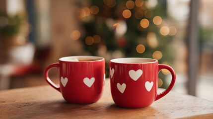Obraz premium Two red mugs with white hearts on a wooden surface with a blurred christmas tree in the background