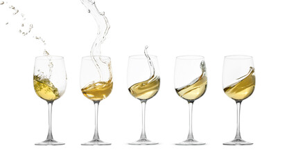 White wine splashing in glasses on white background, set