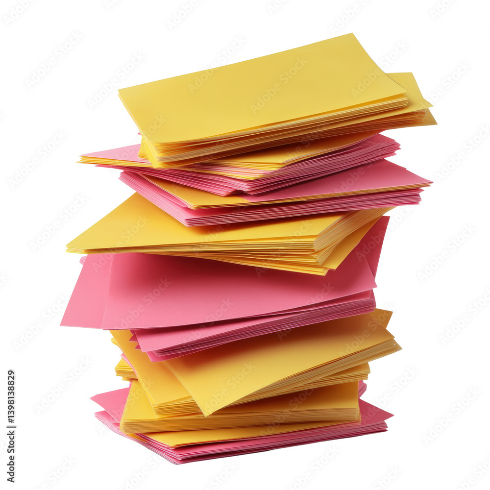 Poster a stack of yellow and pink post-it notes neatly arranged on a table ready for writing important remi