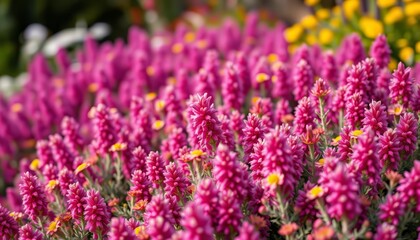 Obraz premium A vibrant heather garden bed, showcasing various Calluna vulgaris blooms in soft focus, natural, white
