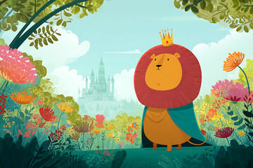 Majestic Lion King in a Blooming Garden with a Distant Castle
